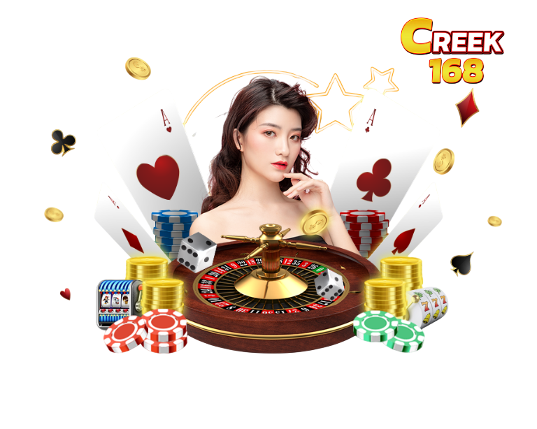 ดีลเลอร์คาสิโนสาวพร้อมโต๊ะรูเล็ต ไพ่เอซ ชิป และเหรียญทอง บรรยากาศคาสิโนออนไลน์ของ CREEK168 บนพื้นหลังโปร่งใส